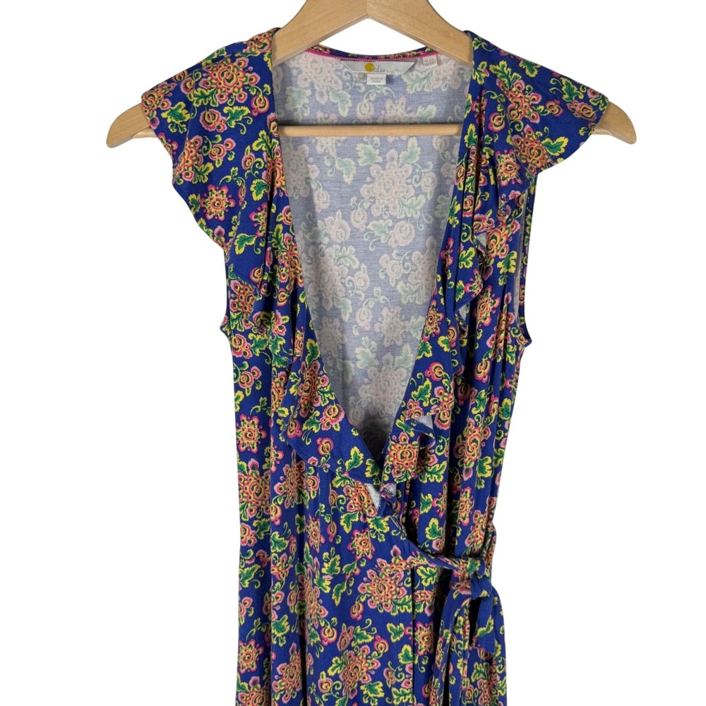Boden Saskia Wrap Midi Dress Womens 2 Blue Medallion Floral Midi Ruffle Jersey - Picture 4 of 9